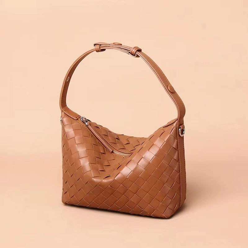 Genuine Leather Shoulder Bag Female Cowhide Woven Bag Texture Niche Crossbody Bag Commuter Hundred Woven Handbag Armpit Bag